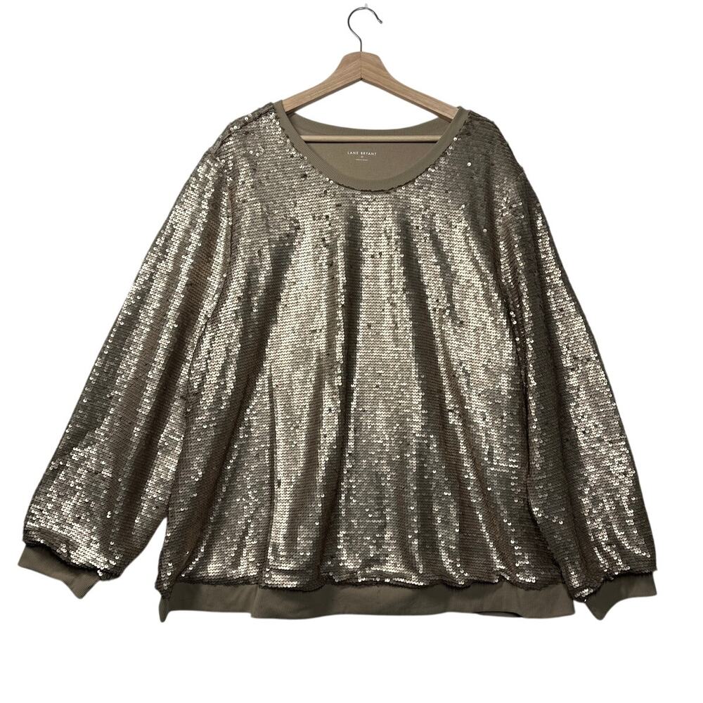 Lane Bryant Crew Neck Sequin Sweatshirt Top Long Sleeve Lined Gold Beige Sz 22